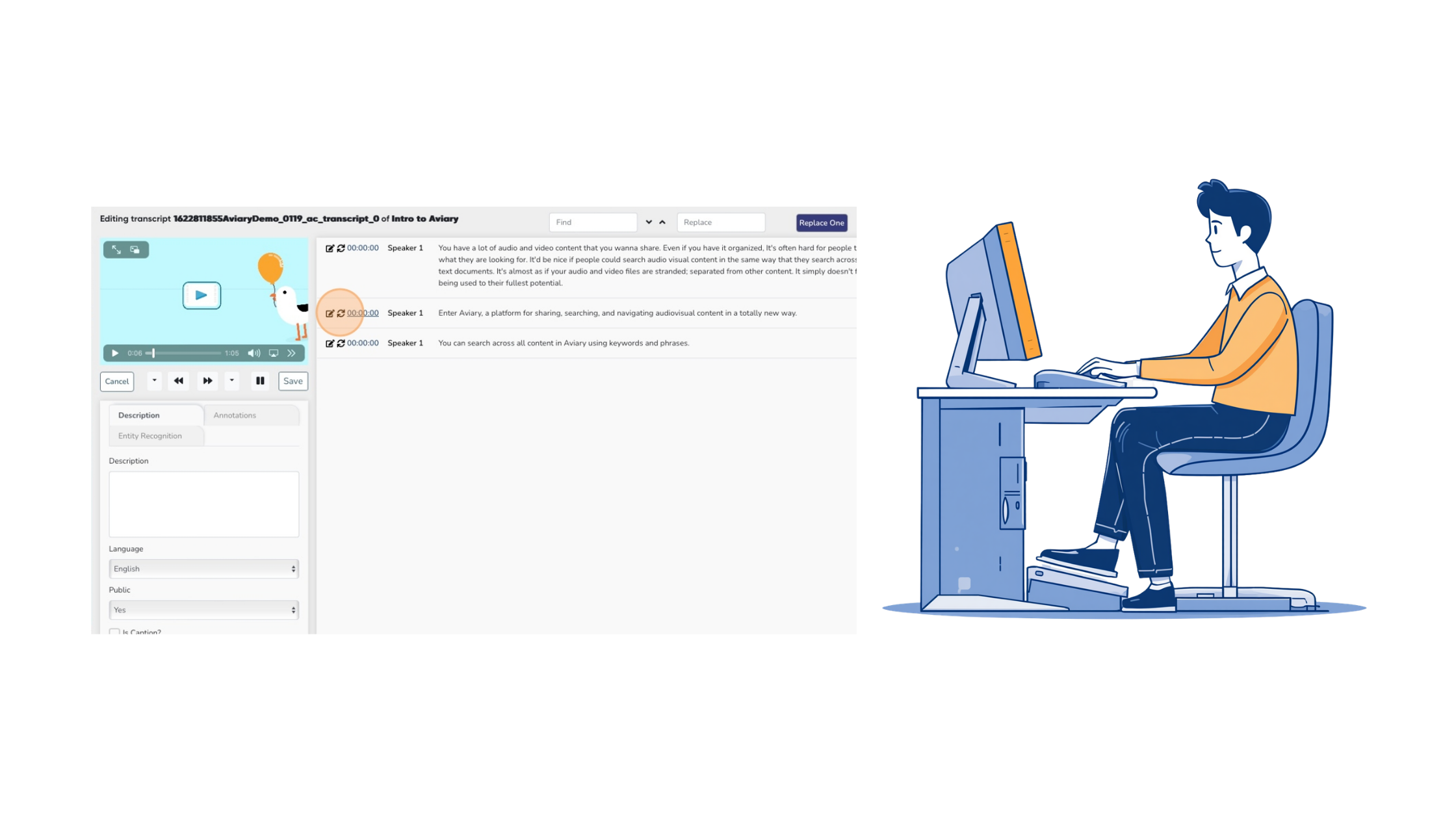 Illustration of the Aviary transcript editor and a transcriptionist sitting at a computer desk with a foot peadal